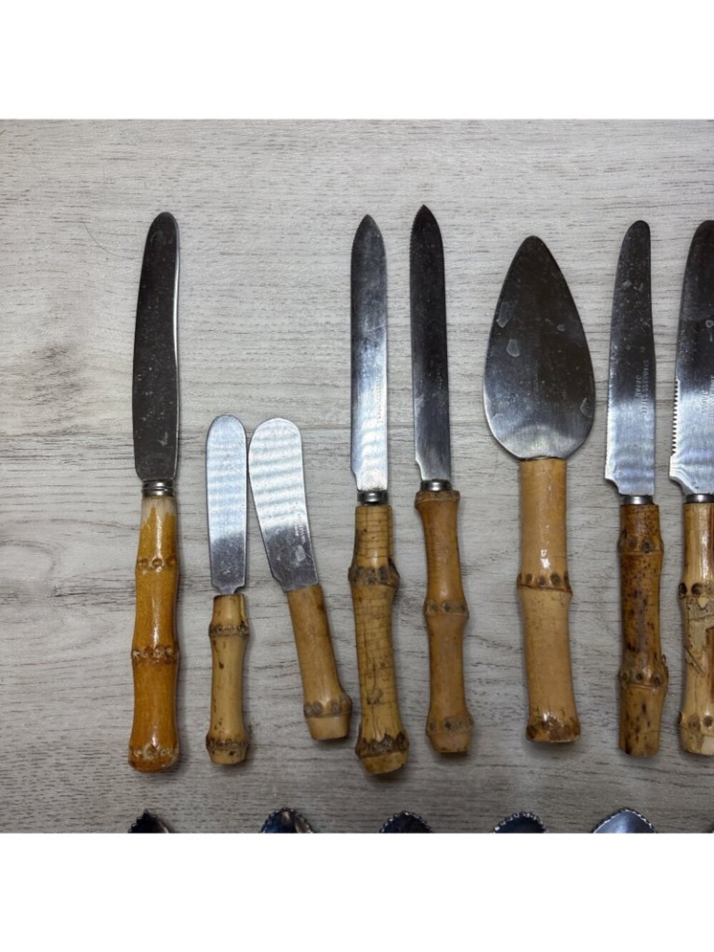 Vtg 29pc Bamboo Handle Flatware Silverware and Serving Pieces Stainless Japan - Picture 2 of 14